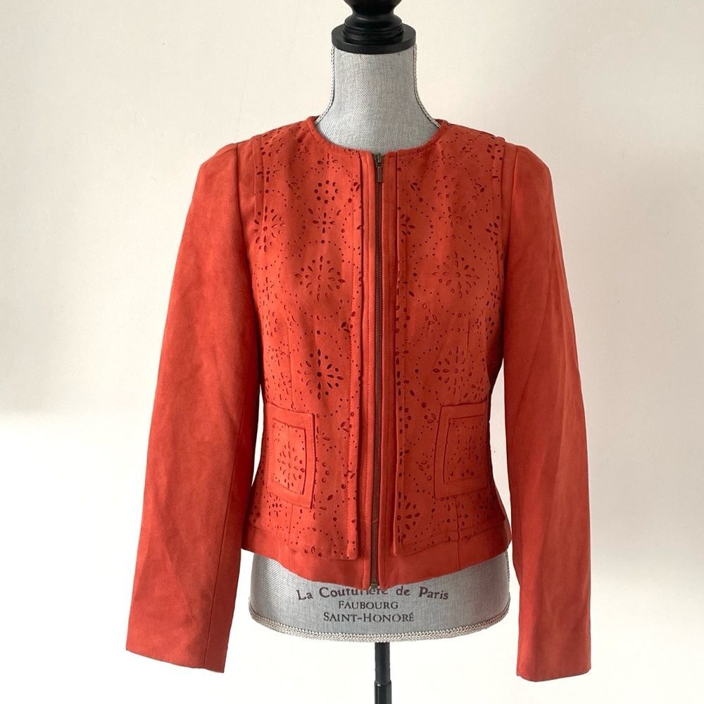 Marletti Tomato Red Women's Jacket 40 US 12 Eyelet Laser-cut Western Chic Office
